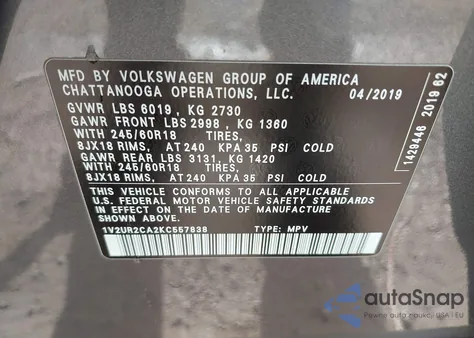 2019 Volkswagen Atlas 3.6L V6 Se W/Technology из США, поврежденный, VIN 1V2UR2CA2KC557838